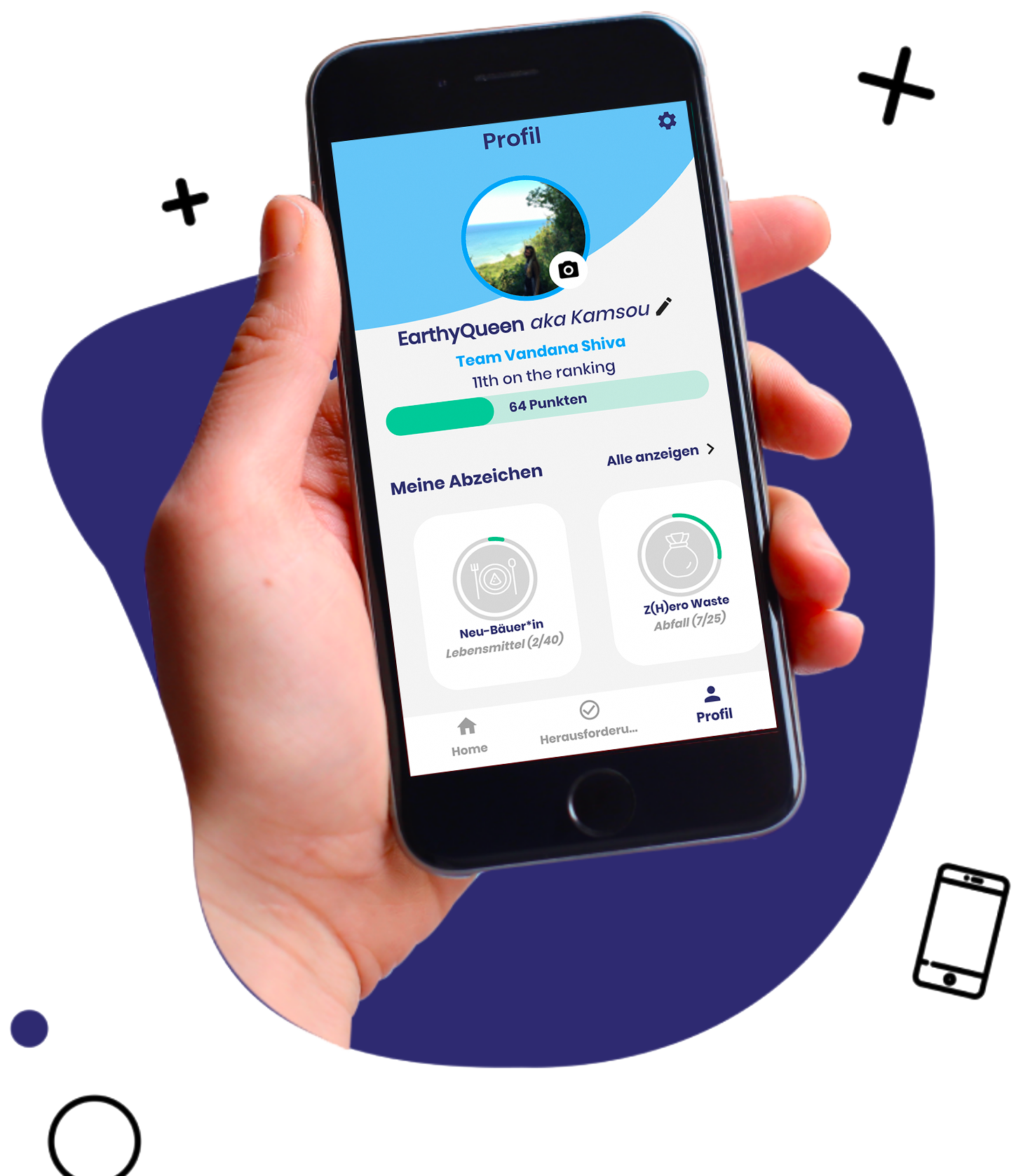 Benutzerprofil-Mein-kleiner-Planet Persönliches Profil eines Spielers in der App Mein kleiner Planet, in dem die Anzahl der Punkte, Herausforderungen nach Kategorien und Abzeichen angezeigt werden.