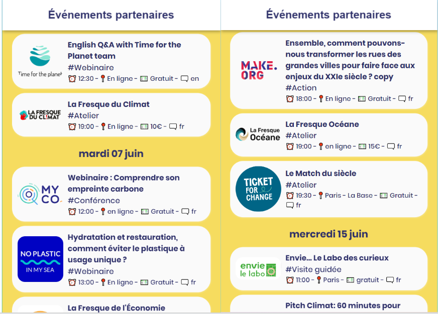Liste des événements partenaires du festival de l'écologie du 07 Juin et du 18 Juin sur l'application Ma Petite Planète
