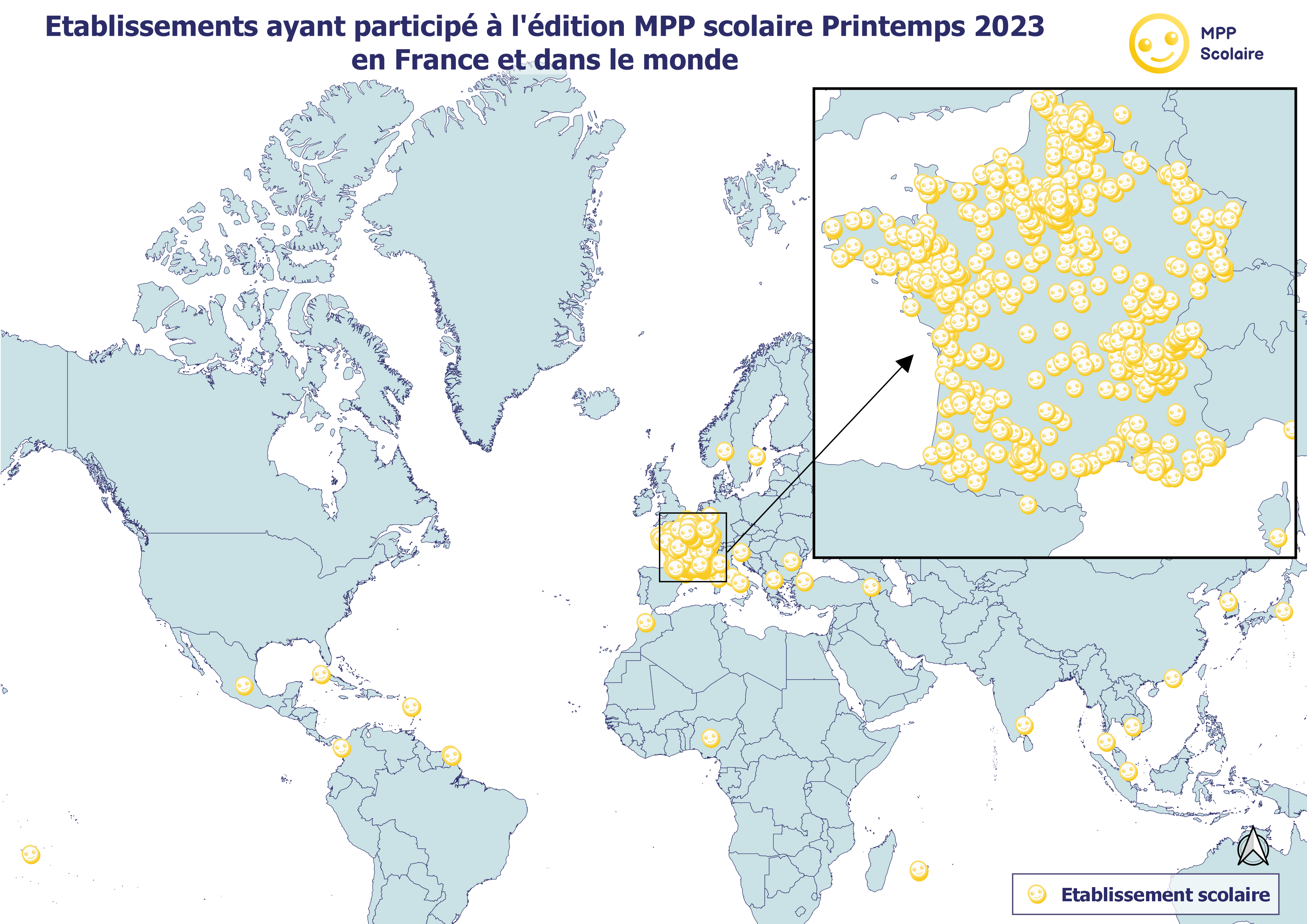carte du monde où se trouvent les élèves jouant à MPP